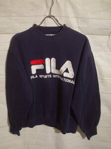 メンズ pj90 ヴィンテージ 90s FILA フィラ ビッグロゴ 刺繍 スウェット トレーナー L ネイビー 紺