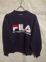 メンズ pj90 ヴィンテージ 90s FILA フィラ ビッグロゴ 刺繍 スウェット トレーナー L ネイビー 紺_画像1