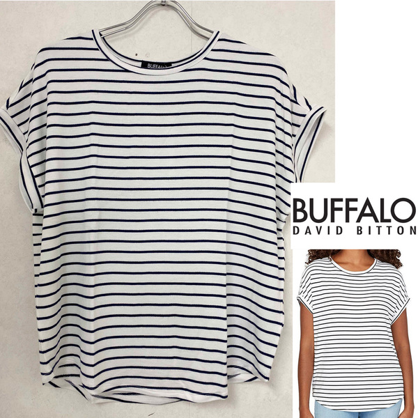 新品 S ★ コストコ BUFFALO レディース 半袖 Tシャツ ストライプ ホワイト ネイビー US-XS スーパーソフト ゆったり オーバーサイズ