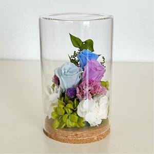 プリザーブドフラワー ガラス　水色　紫　仏花　ガラスケース　枯れない　お悔やみ花　花器つき　フラワーギフト　バラ　お彼岸　仏壇