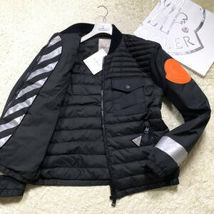 極美品MONCLER OFF-WHITEダウンジャケット ポイントビッグロゴラバーワッペンL~M1黒ブラックロゴデザイン大きいモンクレール オフホワイト