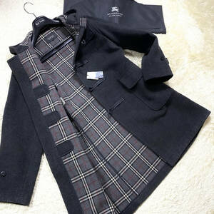 絶版極美品BURBERRY BLACKLABELロングダッフルコートL~M黒赤ノバチェック柄メルトンラムウールロゴ刻印釦ブラレバーバリーブラックレーベル