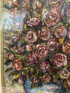 1968年 バラ 油彩 額装☆真作・キャンバス F8号☆花 花瓶 薔薇 ボタニカル 油絵 絵画 