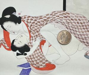 真作/明治期肉筆春画「葉桜」浮世絵 艶本 枕絵 秘画 裸婦 男根 春宮図 紙本 サイズ約20.5x14.5cm 198 検索: 武内桂舟