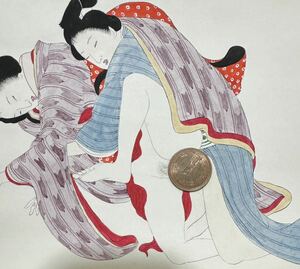 真作/明治期肉筆春画「葉桜」浮世絵 艶本 枕絵 秘画 裸婦 男根 春宮図 紙本 サイズ約20.5x14.5cm 192 検索: 武内桂舟