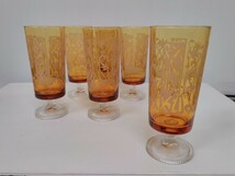 レトロ グラス GLASS 足付きグラス カラー グラス 6客組 アンバー 脚付き 花柄 ガラスコップ 昭和レトロ アンティーク ヴィンテージ _画像2