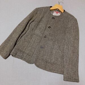 極美品 60年代 英国製 Harris Tweed Dunn&Co ツイード ウール ジャケット ノーカラー M-L相当 ハリスツイード メンズ 1円