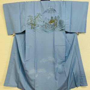 紳士 着物の長襦袢 単衣 無双袖 ポリエステル100％ 青藤色に富士の風景紋様 紺色の半衿付き 丈144cm おしゃれ 保管品の画像1