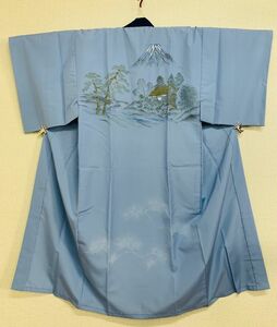  gentleman kimono. long kimono-like garment single . peerless sleeve polyester 100% blue wistaria color . Fuji. scenery pattern navy blue color. neckpiece attaching height 144cm stylish storage goods 