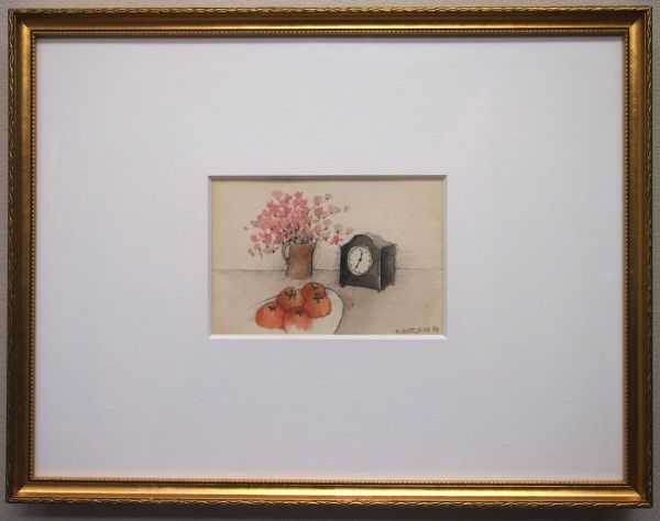 【正品保证】Annapia Antonini 暂定名称：鲜花, 钟, 和水果水彩画迷你静物安纳皮亚·安东尼尼瑞士高更奖获得者 WT-7, 绘画, 水彩, 静物画