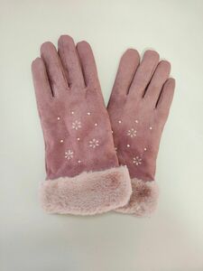 雪柄刺繍手袋 　ピンクパープル