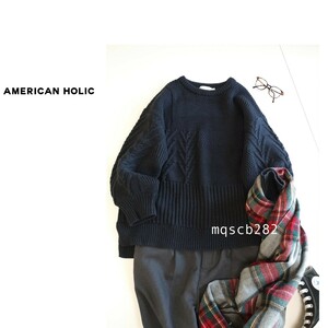 アメリカンホリック AMERICAN HOLIC ウールブレンド オーバーサイズ クルーネック ニット プルオーバー セーター size L ネイビー