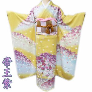 特選 振袖 着物 中古 リサイクル 正絹 袷 縮緬地 ちりめん 金駒刺繍 花模様 帝王紫 梔子色 多色 金 身丈161cm 裄67cm M きもの北條 A959-9