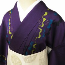 小紋 着物 中古 正絹 袷 カジュアル 桜模様 葡萄色 多色 身丈156.5cm 裄63cm M きもの北條 A966-10_画像1