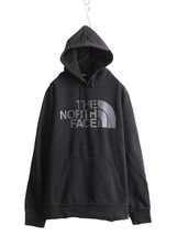 ノースフェイス プリント スウェット フード パーカー メンズ L 古着 The North Face プルオーバー 裏起毛 トレーナー アウトドア 薄手 黒_画像1