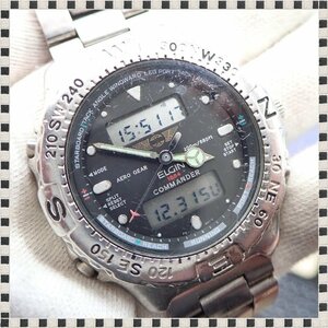 エルジン コマンダー FK-647-C 黒文字盤 デジアナ クォーツ 41mm メンズ 腕時計 稼動品 ヴィンテージ ELGIN COMMANDER