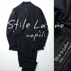 【美品】Stile Latino ヘリンボーン 6Bダブル ふんわり柔らかなナポリ仕立て マニカカミーチャ スティレラティーノ 秋冬スーツ ネイビー 44