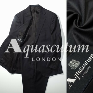 【良品】Aquascutum LONDON 美しいドレープ感 ヘリンボーン スーツ 濃紺 ダークネイビー 裏地ブランドロゴアーカイブ総柄 AB6 XL