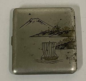戦前 彫金シガレットケース 金属製 煙草ケース シガレットケース 莨入 たばこ 富士山 風景画