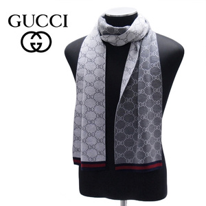 送料無料 10 GUCCI グッチ グッチシマ マフラー ストール 男女兼用 WOOL100% グレー×グレー 325806 3G206