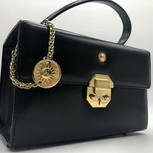 1円【希少/極美品】VERSACE ヴェルサーチ サンバースト ハンドバッグ バニティ ボックス 太陽 チェーン ゴールド金具 レザー ブラック 本革