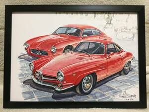 Bowイラスト アルファロメオ ジュリアSS & マセラッティA6 カーマガジン 額付 カレンダーカット Alfa Romeo Giulia-SS & Maserati A6 絵 