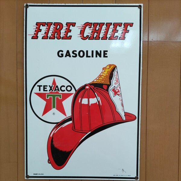 ヴィンテージ 80s TEXACO fire chief gasolineサインプレート メタル1.08kgg ヘビーウエイト Ande Rooney社製 40.7cmx27cm