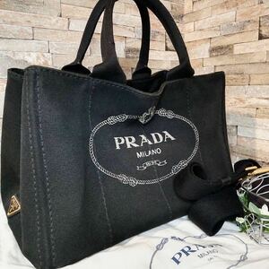 1円【至高の逸品】PRADA プラダ ハンドバッグ 2way ショルダーバッグ トートバッグ カナパ キャンバス 三角プレート ブラック 黒 サイズM