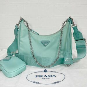 1円【入手困難!! 現行品】PRADA プラダ 3way ハンドバッグ ショルダーバッグ チェーン ポーチ付き 三角プレート ナイロン 鑑定済 正規品