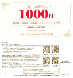 ジャパンクラフトホールディングス（旧　藤久）株主優待券　1000円券　8枚set（8000円分）　2024年2月末迄有効　トーカイ・クラフトパーク