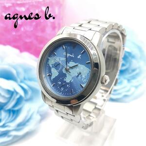  Agnes B map pattern Triple calendar lady's wristwatch light blue bacteria elimination * cleaning being completed 