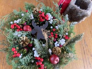 Handmade◆ドライフラワー◆プリザーブドフラワー ◆リース◆壁掛け◆壁飾り◆トナカイ＊りんご＊ブルーアイス◆wreath＊＊＊