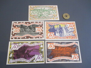 未使用　ドイツ地方紙幣　ツォイレンローダ市　1921年　絵入コレクター用　75ペニヒ5枚