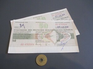済　東ドイツ　トラベラース・チェック　1980年代　50マルク　キューバ国立銀行で現金化　連番2枚
