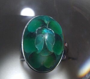 レトロ 七宝焼?リング グリーン 花柄 フリーサイズリング 緑のリング 指輪
