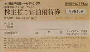 【最新】 東急不動産　ホテル ハーヴェスト　株主優待　ご宿泊優待券　１枚　2024.8.31まで　送料63円