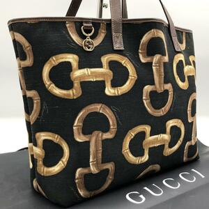 1円【美品】GUCCI グッチ ホースビット トートバッグ ビジネス ショルダー 肩がけ 総柄 キャンバス レザー 黒 ブラック メンズ A4 大容量