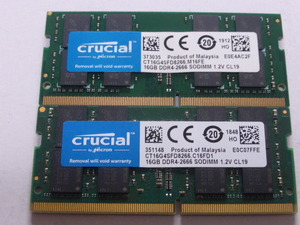メモリ ノートパソコン用 1.20V Crucial DDR4-2666 PC4-21300 16GBx2枚 合計32GB 起動確認済みです