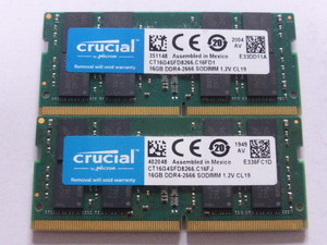 メモリ ノートパソコン用 1.20V Crucial DDR4-2666 PC4-21300 16GBx2枚 合計32GB 起動確認済みです 