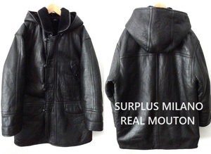 上質 羊革/イタリア SURPLUS MILANO:サープラス ミラノ/リアルムートン フード付き ダッフルコート/ハーフコート/ブラック/Msize