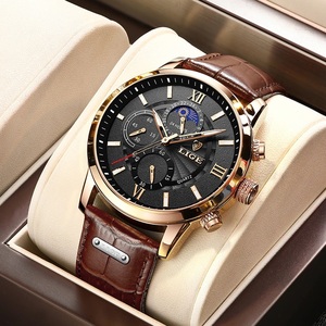 【正規品】LIGE　高級ブランド　メンズ腕時計　クロノグラフ　防水　発光　ゴールドブラック　専用箱（付属品完備）