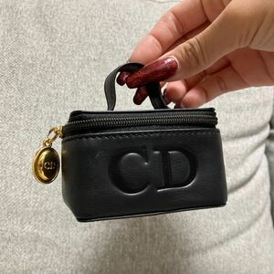 [E2] 1円 美品 Christian Dior クリスチャンディオール CDロゴ オーパル金具 ミニバッグ バニティ マイクロ ポーチ ブラック レザー