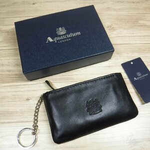 QQ749 アクアスキュータム 黒 ラムレザー ソフト羊革 ファスナー小銭入れ 新品 ミニ財布 ブラック AQUASCUTUM