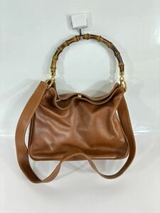 GUCCI グッチ レザー　バンブー　 ワンショルダー 肩掛け 巾着型 ショルダーバッグ 2way ブラウン