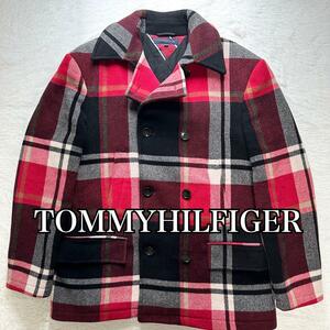 美品TOMMYHILFIGER トミーヒルフィガー　カシミヤ混　Pコート　L　チェック　ベルト　赤系