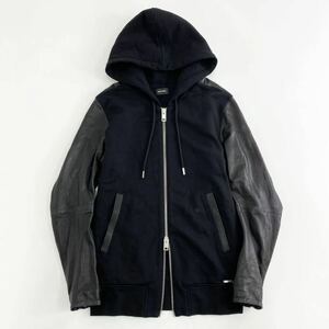 67j29《大特価》 美品 DIESEL ディーゼル レザー切替 ジップパーカー フーディー ロゴプレート 無地 ラムレザー XSサイズ メンズ 紳士服