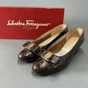 ◯ L9《美品》Salvatore Ferragamo サルヴァトーレ フェラガモ クロコリボンパンプス 5《24cm相当》 ブラウン クロコレザー イタリア製