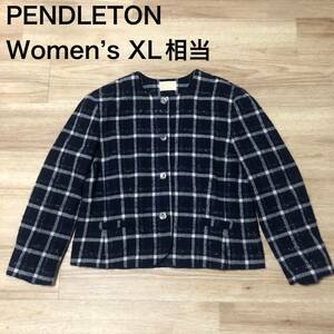 【送料無料】USA製PENDLETON 長袖ボタンウールジャケット　ネイビー白チェック柄　レディースXLサイズ相当　ペンドルトン