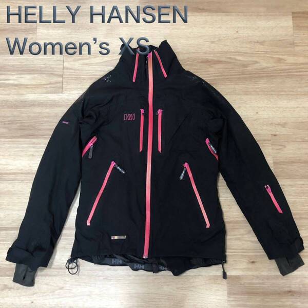 【送料無料】使用感ありHELLY HANSENジップアップスノージャケット黒ピンク レディースXSサイズ スノボスキーウェアヘリーハンセン