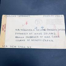 俘虜郵便使用例 1944年 旧ウェーキ在 米兵宛 大阪俘虜収容所 収容所検閲印 米検閲シール貼 中身手紙文入 エンタイア_画像1